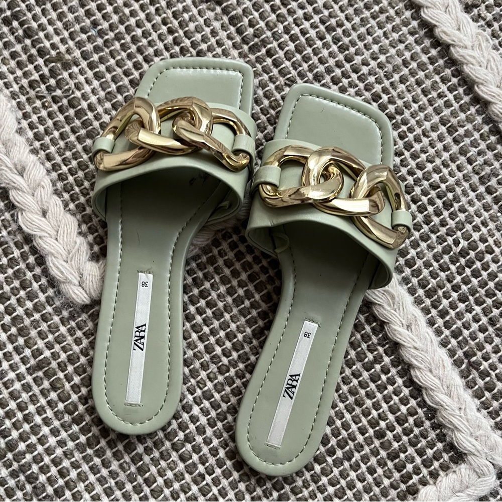 Zara Lt Green Slide Sandals with Gold Hardware